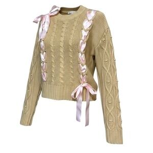 Small Beige Cable Knit Cropped Sweater Pink Ribbon‎ Coquette Pullover Christmas